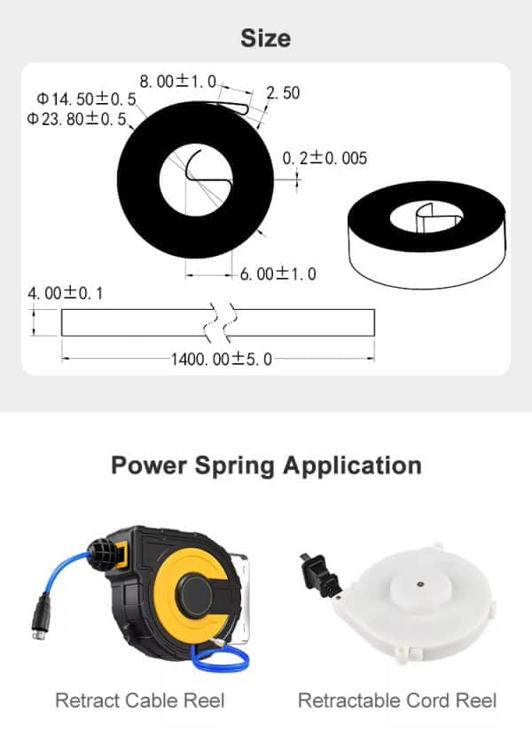 alt="stainless steel spiral power spring for rewind system" alt="flat coil spiral spring manufacturing process" alt="custom spiral torsion spring manufacturer"