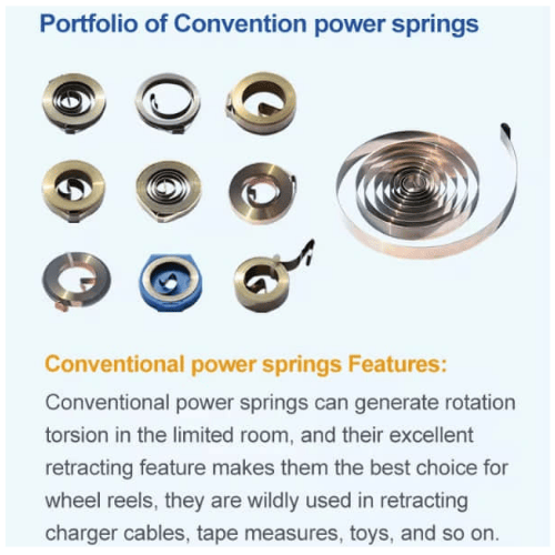 alt="stainless steel spiral power spring for rewind system" alt="flat coil spiral spring manufacturing process" alt="custom spiral torsion spring manufacturer"