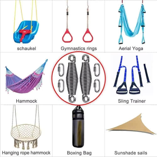 Heavy-duty extension spring for safe hanging applications – hammock, punching bag, aerial yoga Heavy-duty extension spring for safe hanging applications – hammock, punching bag, aerial yoga