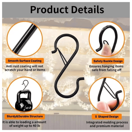 Heavy duty black electrophoretic metal S hooks with safety buckle for hanging plants and kitchen utensils Heavy duty black electrophoretic metal S hooks with safety buckle for hanging plants and kitchen utensils