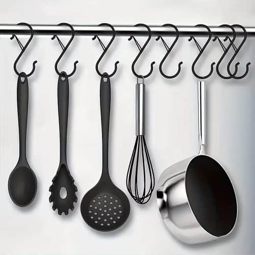 Heavy duty black electrophoretic metal S hooks with safety buckle for hanging plants and kitchen utensils Heavy duty black electrophoretic metal S hooks with safety buckle for hanging plants and kitchen utensils