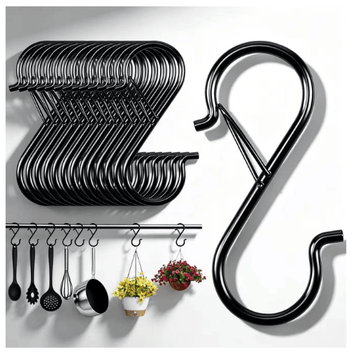 Heavy duty black electrophoretic metal S hooks with safety buckle for hanging plants and kitchen utensils Heavy duty black electrophoretic metal S hooks with safety buckle for hanging plants and kitchen utensils