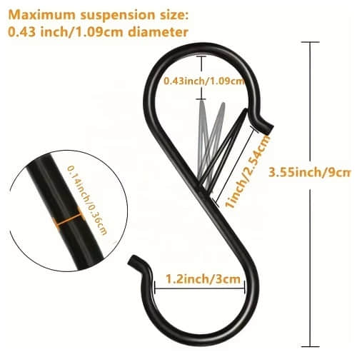 Heavy duty black electrophoretic metal S hooks with safety buckle for hanging plants and kitchen utensils Heavy duty black electrophoretic metal S hooks with safety buckle for hanging plants and kitchen utensils